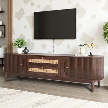Rattan TV Stand for TVs Up to 75, Media Console Entertainment Center with Solid Wood Legs