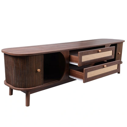 Rattan TV Stand for TVs Up to 75, Media Console Entertainment Center with Solid Wood Legs