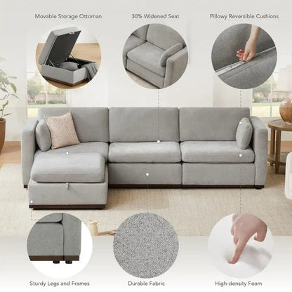 Mia L-shape Oversized Modular Sectional Fabric Sofa with Upgraded Wood Base