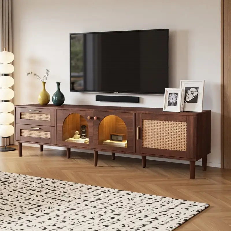 Rattan TV Stand for TVs Up to 80, Media Console with 3 Cabinets & 2 Drawers, LED Entertainment Center