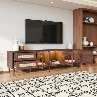 Rattan TV Stand for TVs Up to 80, Media Console with 3 Cabinets & 2 Drawers, LED Entertainment Center