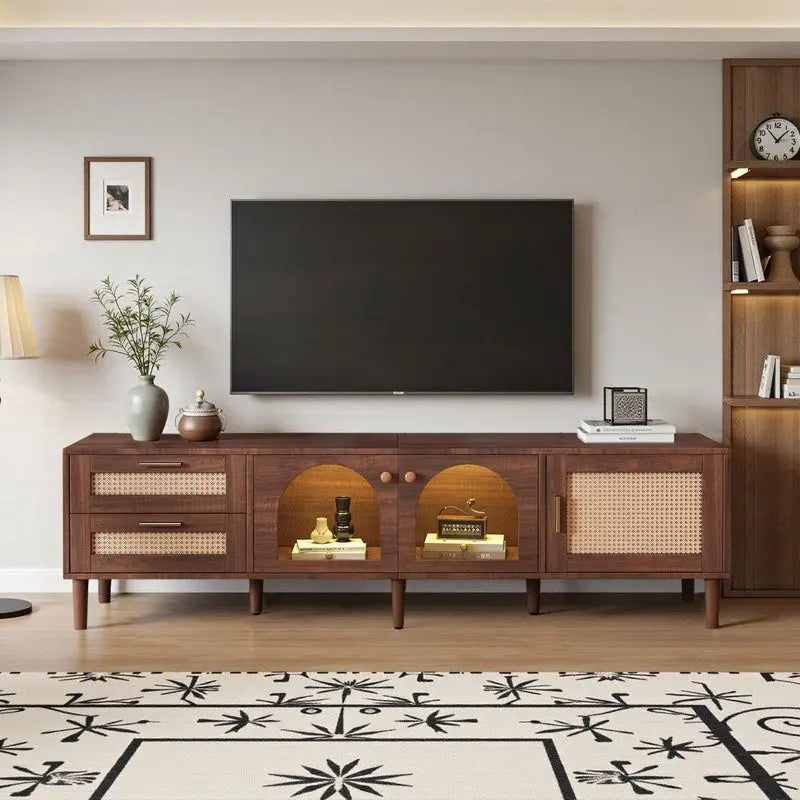 Rattan TV Stand for TVs Up to 80, Media Console with 3 Cabinets & 2 Drawers, LED Entertainment Center