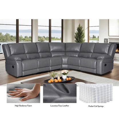 129W Faux Leather 6-Seat Large Manual Reclining Sectional Sofa