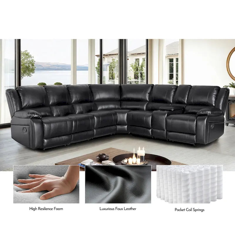 129W Faux Leather 6-Seat Large Manual Reclining Sectional Sofa
