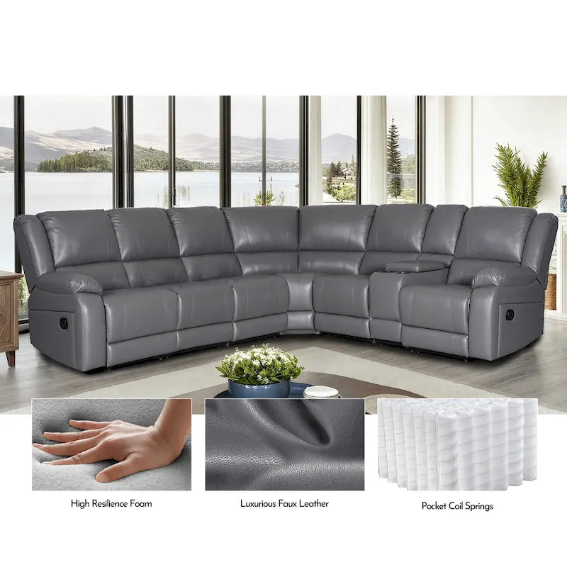 129W Faux Leather 6-Seat Large Manual Reclining Sectional Sofa