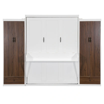 Queen Size Murphy Bed Wall Bed with Closet, Drawers and Table