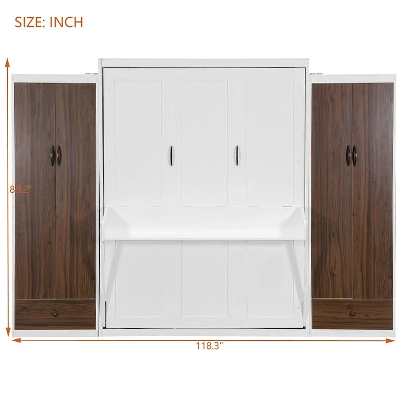 Queen Size Murphy Bed Wall Bed with Closet, Drawers and Table