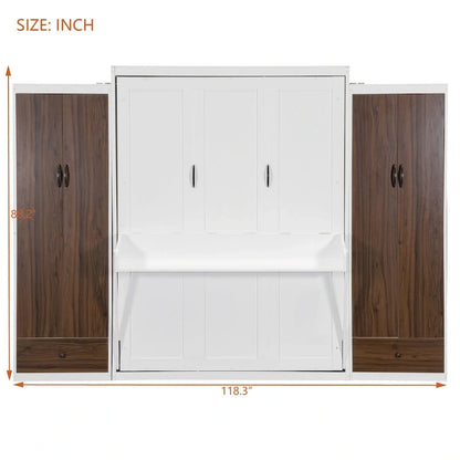 Queen Size Murphy Bed Wall Bed with Closet, Drawers and Table