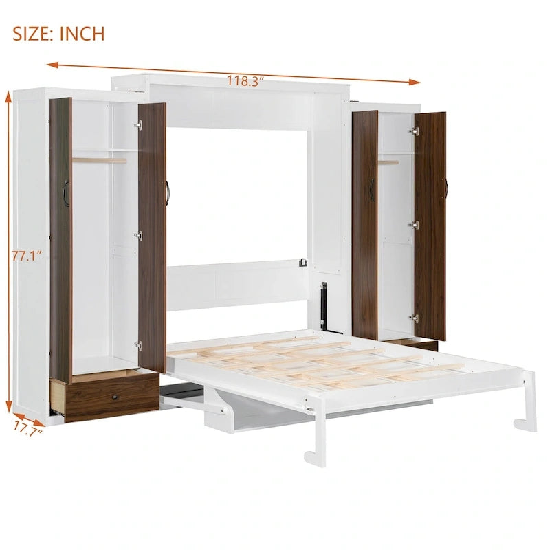 Queen Size Murphy Bed Wall Bed with Closet, Drawers and Table