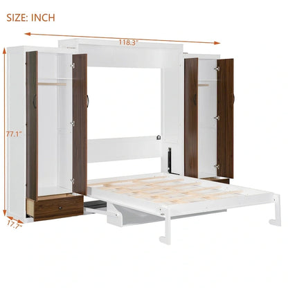 Queen Size Murphy Bed Wall Bed with Closet, Drawers and Table