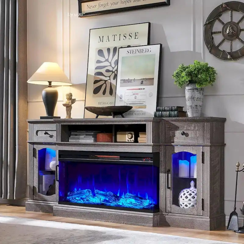 Farmhouse Electric Fireplace TV Stands up to 80, Entertainment Center