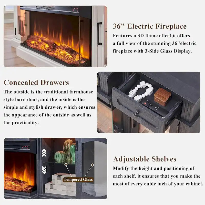 Farmhouse Electric Fireplace TV Stands up to 80, Entertainment Center