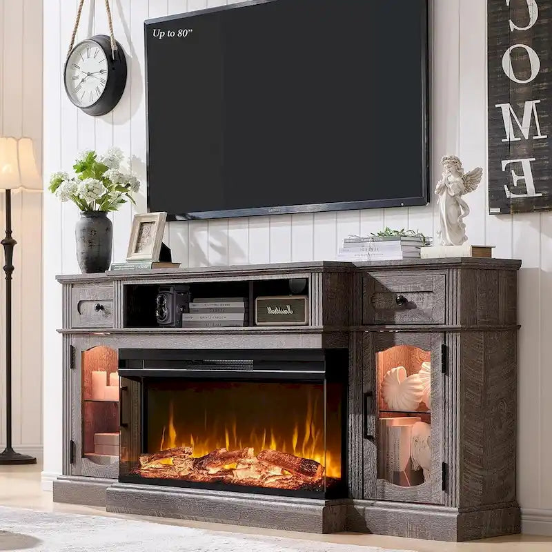 Farmhouse Electric Fireplace TV Stands up to 80, Entertainment Center