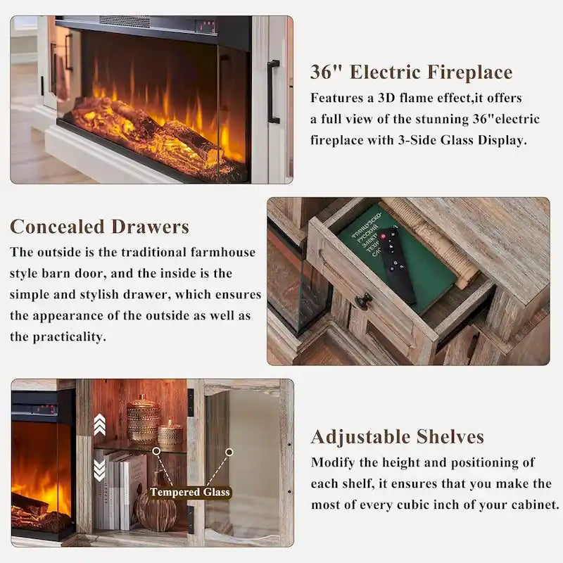 Farmhouse Electric Fireplace TV Stands up to 80, Entertainment Center