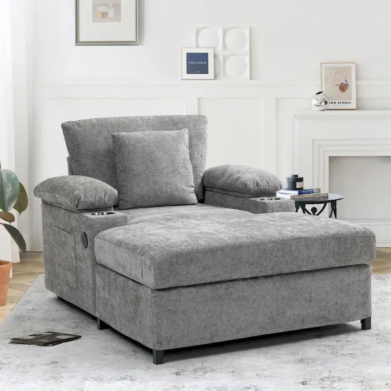Chenille Oversized Chair with Ottoman & USB