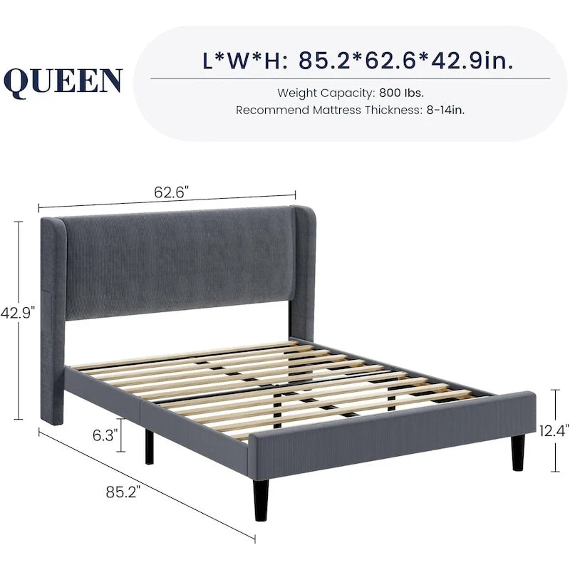 Wooden Bed Frame with Upholstered Headboard