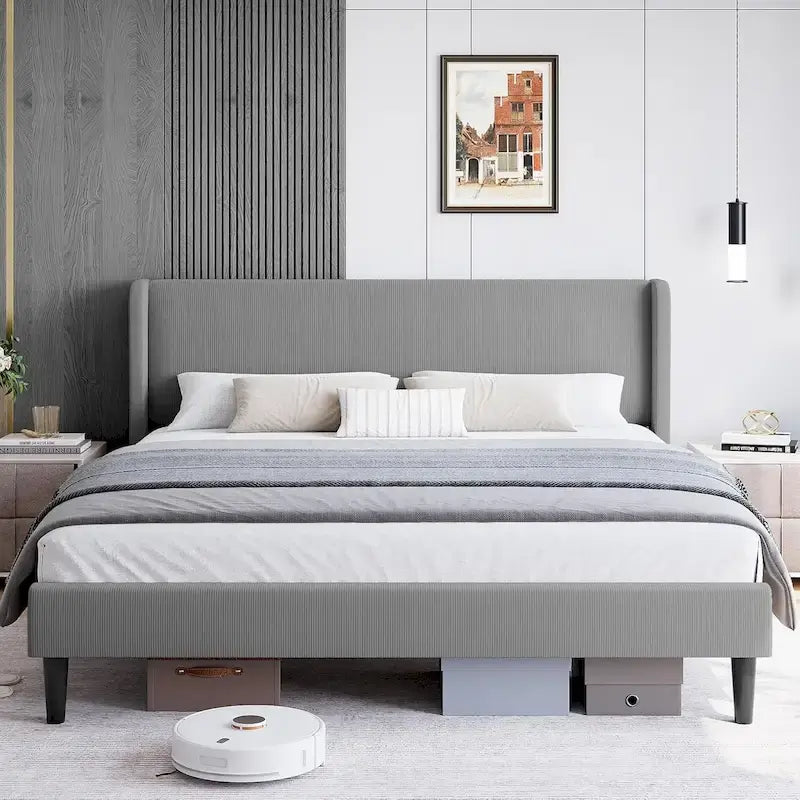 Wooden Bed Frame with Upholstered Headboard