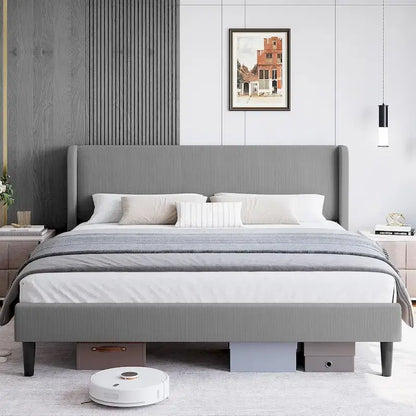Wooden Bed Frame with Upholstered Headboard