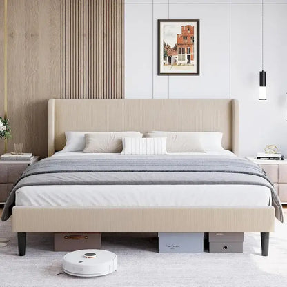 Wooden Bed Frame with Upholstered Headboard