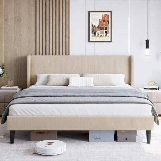 Wooden Bed Frame with Upholstered Headboard