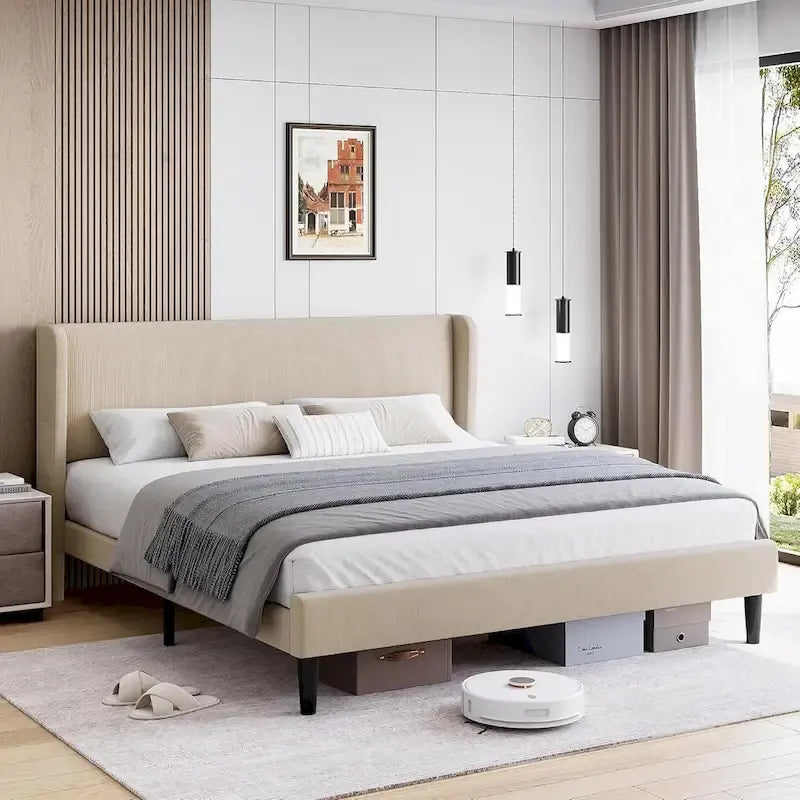 Wooden Bed Frame with Upholstered Headboard