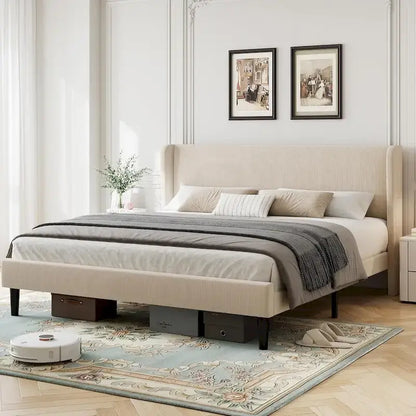 Wooden Bed Frame with Upholstered Headboard