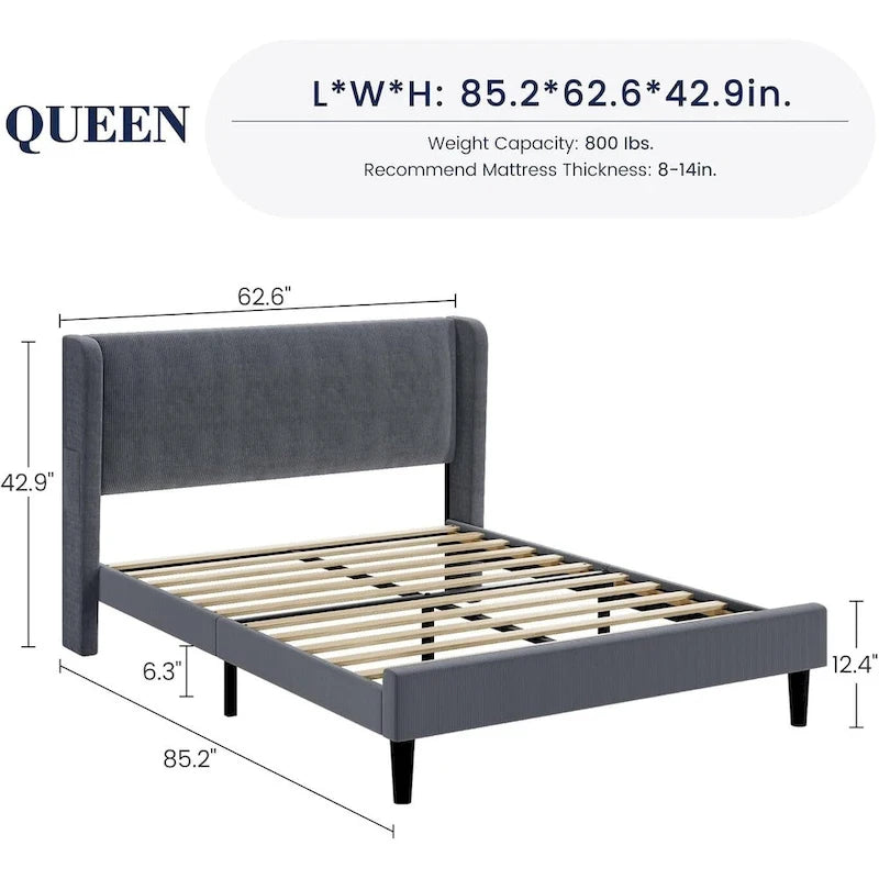 Wooden Bed Frame with Upholstered Headboard