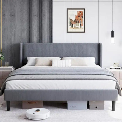 Wooden Bed Frame with Upholstered Headboard
