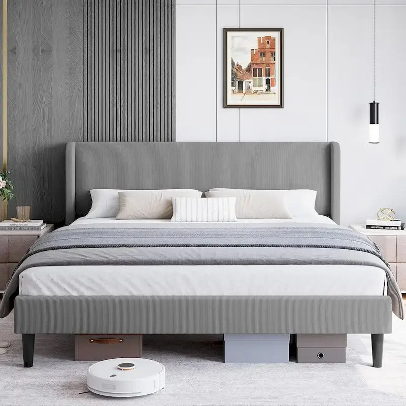 Wooden Bed Frame with Upholstered Headboard