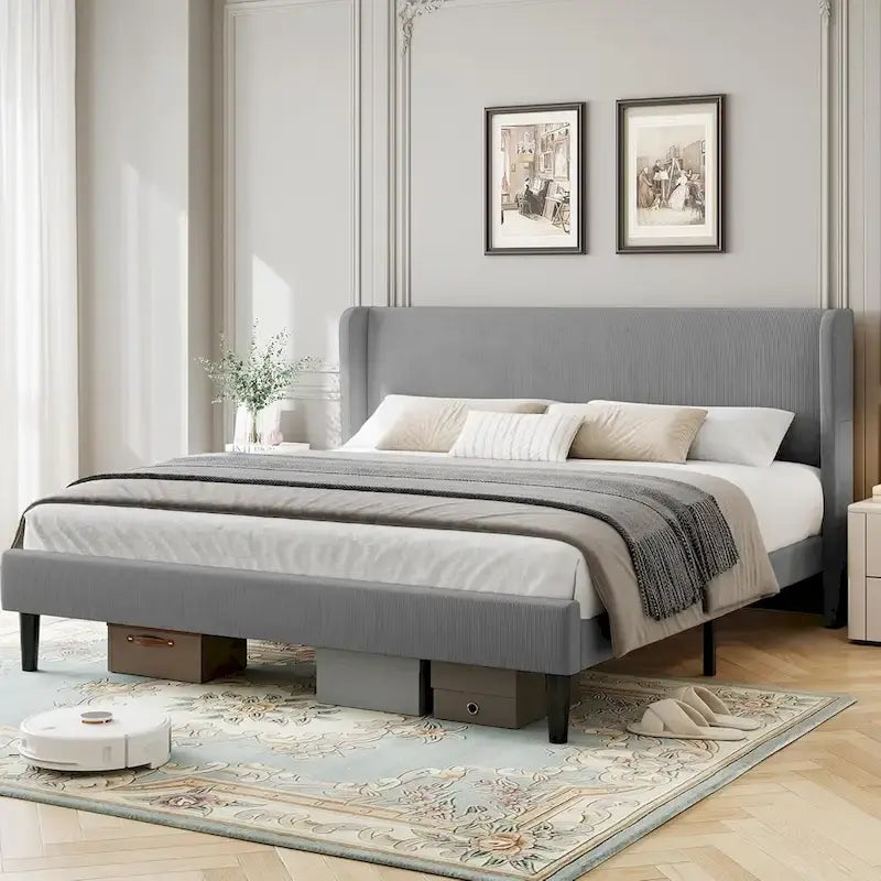 Wooden Bed Frame with Upholstered Headboard