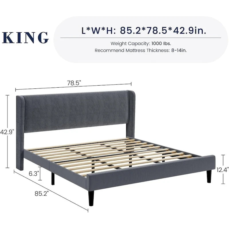 Wooden Bed Frame with Upholstered Headboard