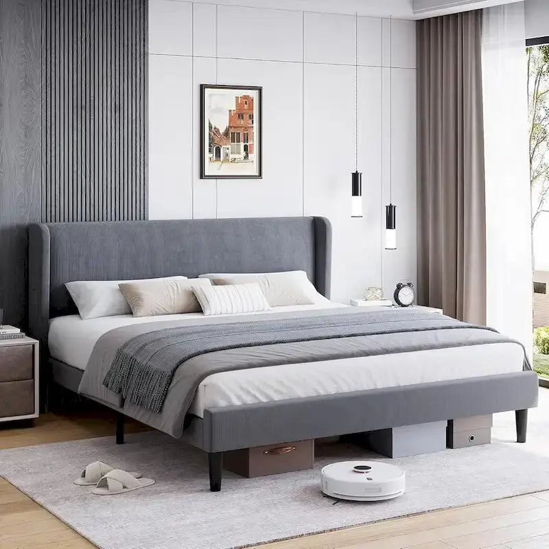 Wooden Bed Frame with Upholstered Headboard