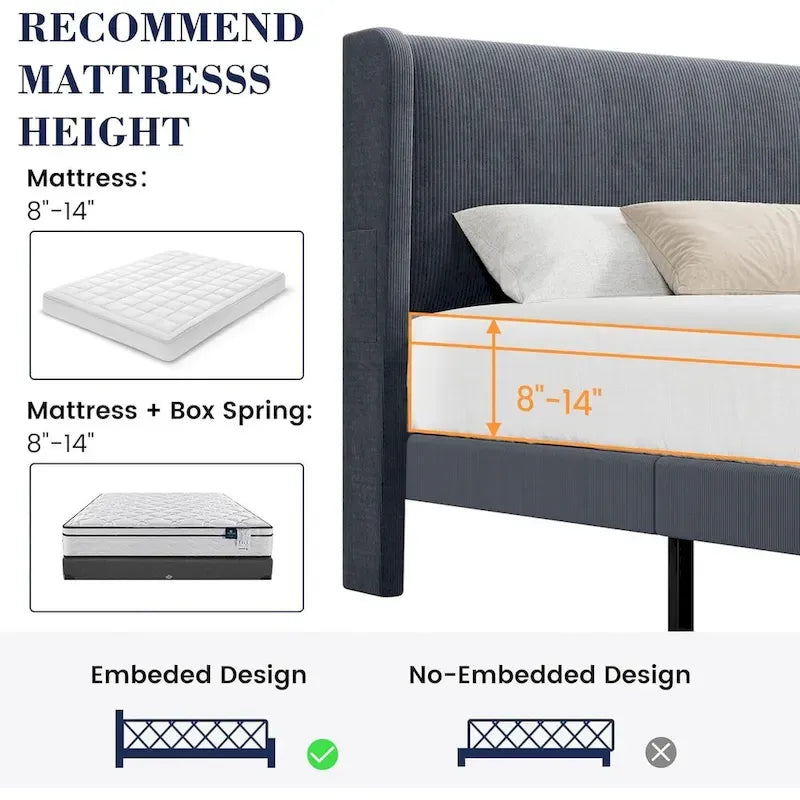 Wooden Bed Frame with Upholstered Headboard