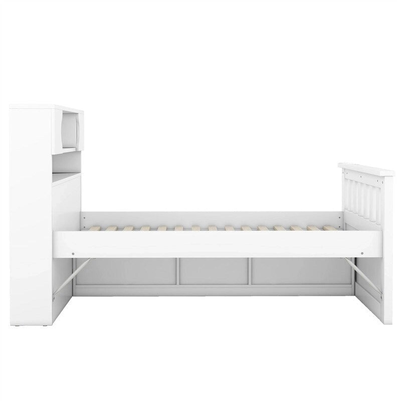 Twin/Full Size Captain Platform Bed with 4 Drawers and Storage Shelves, Solid Wood Bed Frame with Storage Bookcase Headboard