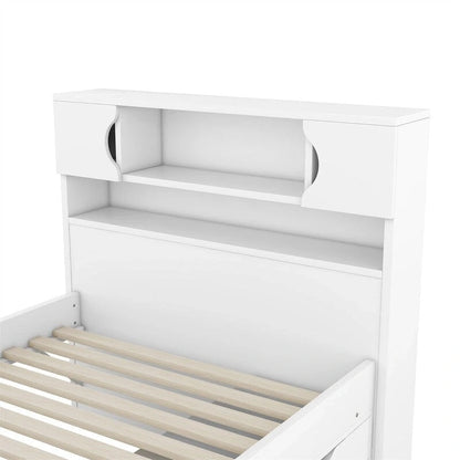 Twin/Full Size Captain Platform Bed with 4 Drawers and Storage Shelves, Solid Wood Bed Frame with Storage Bookcase Headboard