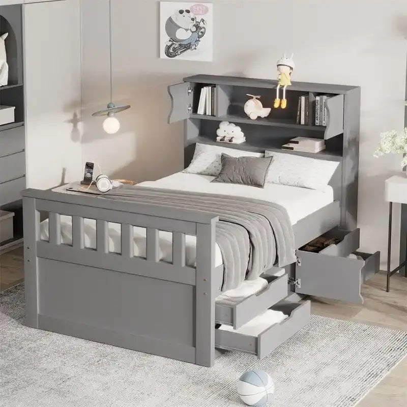 Twin/Full Size Captain Platform Bed with 4 Drawers and Storage Shelves, Solid Wood Bed Frame with Storage Bookcase Headboard