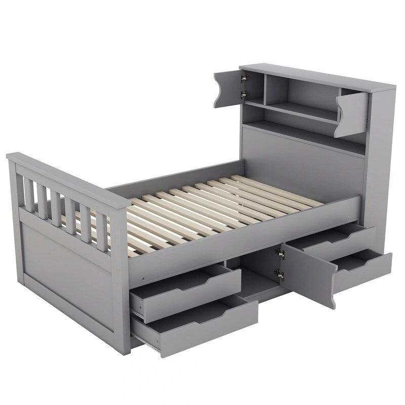 Twin/Full Size Captain Platform Bed with 4 Drawers and Storage Shelves, Solid Wood Bed Frame with Storage Bookcase Headboard