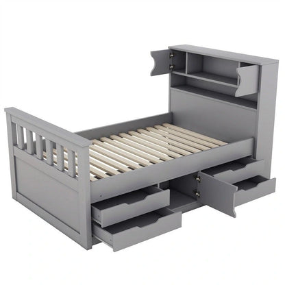 Twin/Full Size Captain Platform Bed with 4 Drawers and Storage Shelves, Solid Wood Bed Frame with Storage Bookcase Headboard