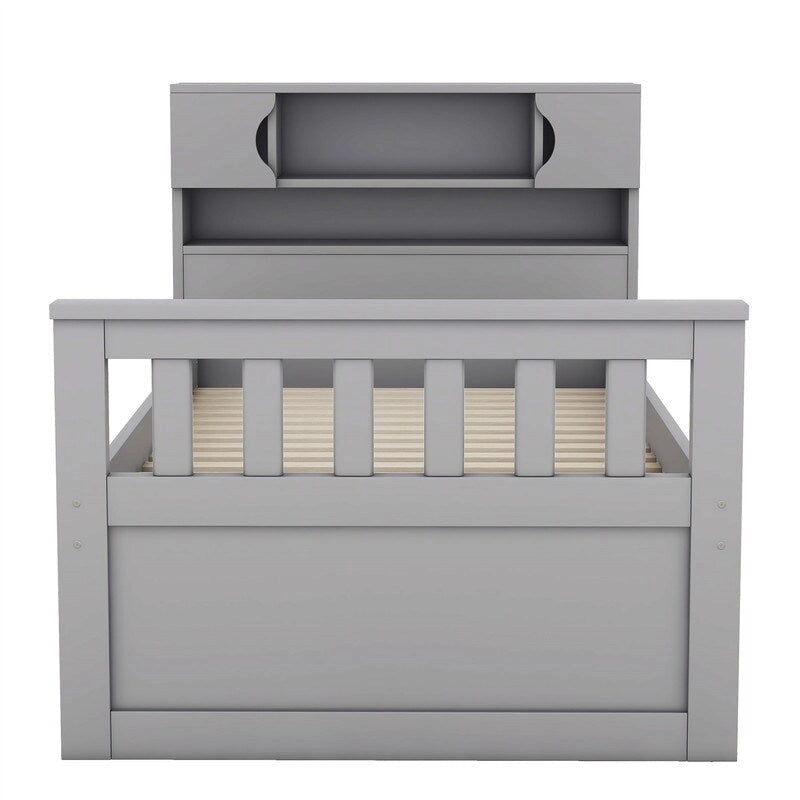 Twin/Full Size Captain Platform Bed with 4 Drawers and Storage Shelves, Solid Wood Bed Frame with Storage Bookcase Headboard