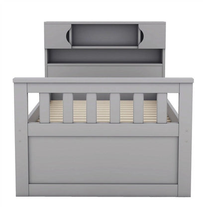 Twin/Full Size Captain Platform Bed with 4 Drawers and Storage Shelves, Solid Wood Bed Frame with Storage Bookcase Headboard