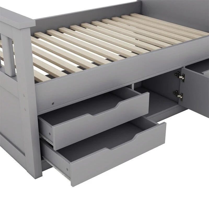 Twin/Full Size Captain Platform Bed with 4 Drawers and Storage Shelves, Solid Wood Bed Frame with Storage Bookcase Headboard