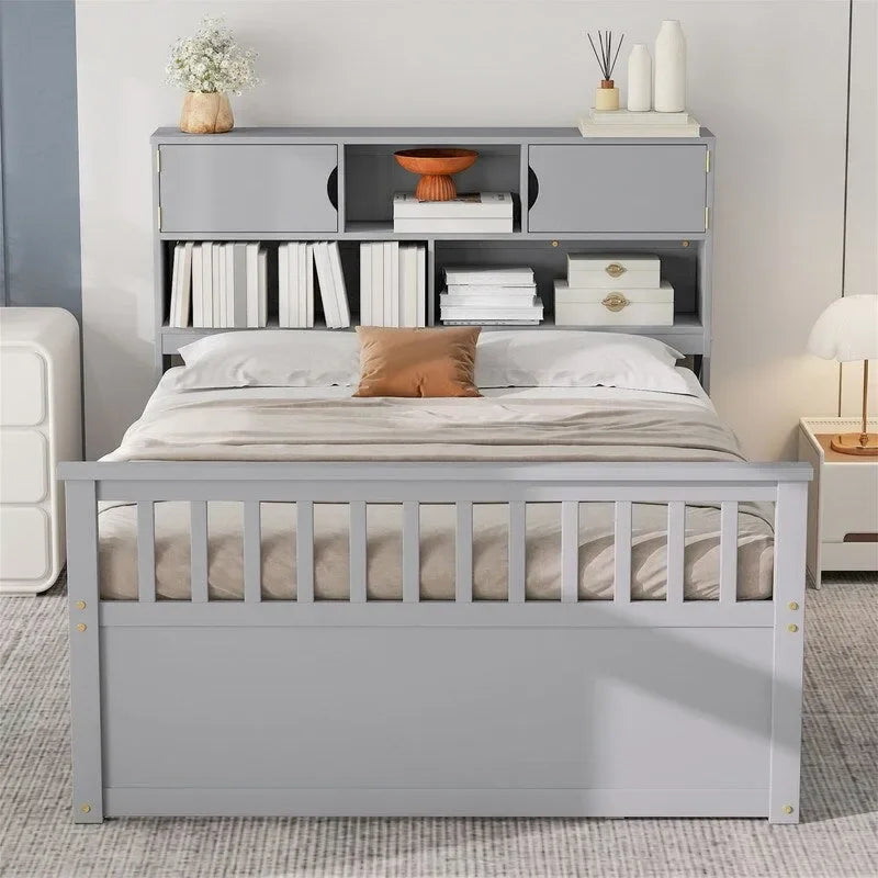 Twin/Full Size Captain Platform Bed with 4 Drawers and Storage Shelves, Solid Wood Bed Frame with Storage Bookcase Headboard