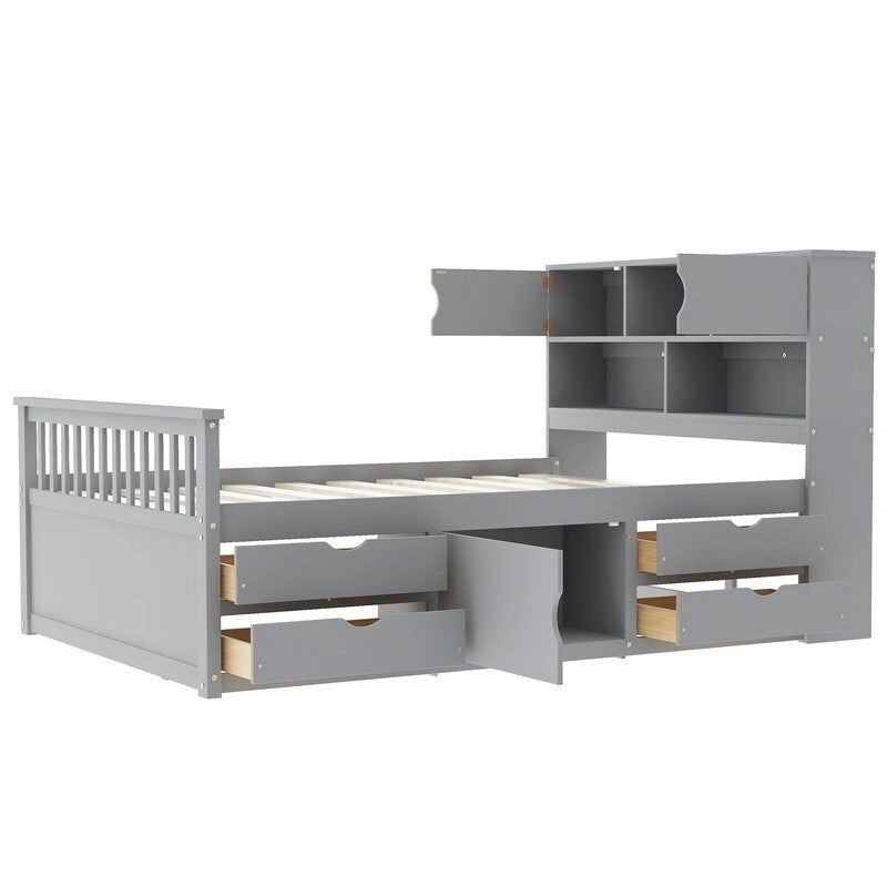 Twin/Full Size Captain Platform Bed with 4 Drawers and Storage Shelves, Solid Wood Bed Frame with Storage Bookcase Headboard