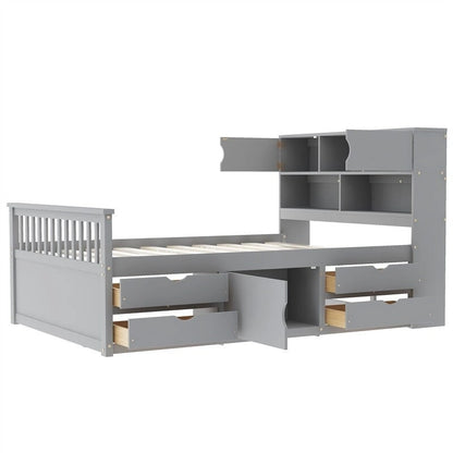 Twin/Full Size Captain Platform Bed with 4 Drawers and Storage Shelves, Solid Wood Bed Frame with Storage Bookcase Headboard