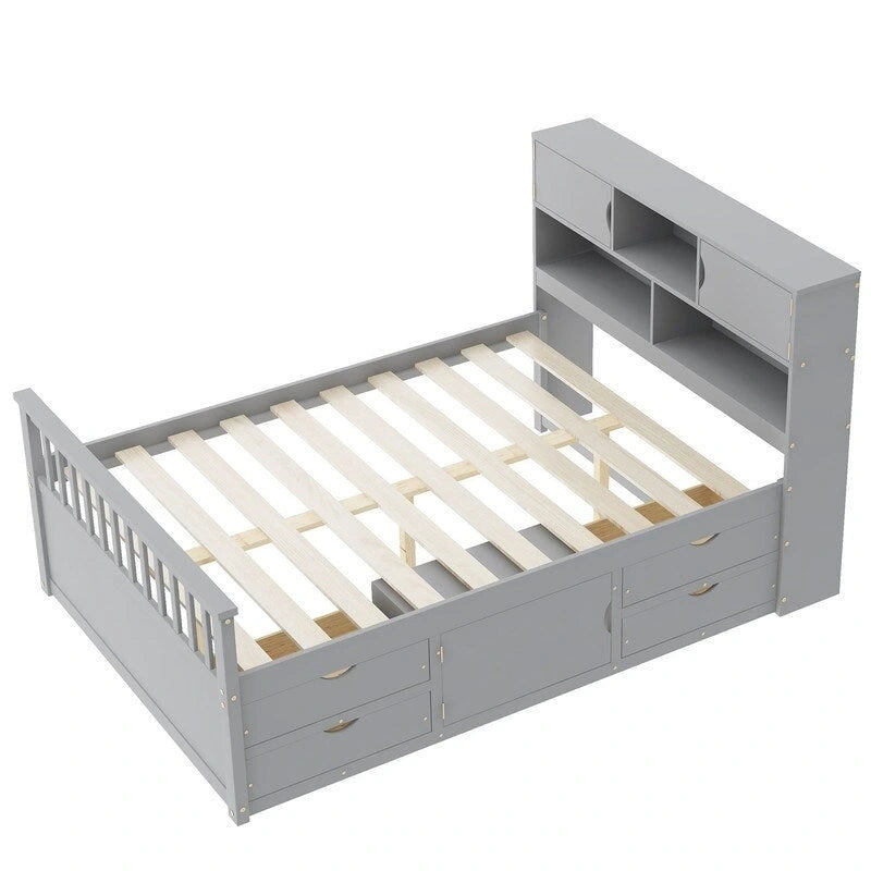 Twin/Full Size Captain Platform Bed with 4 Drawers and Storage Shelves, Solid Wood Bed Frame with Storage Bookcase Headboard