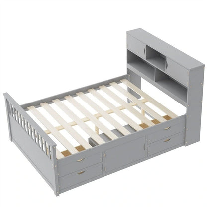 Twin/Full Size Captain Platform Bed with 4 Drawers and Storage Shelves, Solid Wood Bed Frame with Storage Bookcase Headboard