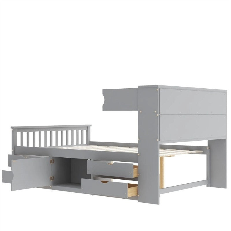 Twin/Full Size Captain Platform Bed with 4 Drawers and Storage Shelves, Solid Wood Bed Frame with Storage Bookcase Headboard