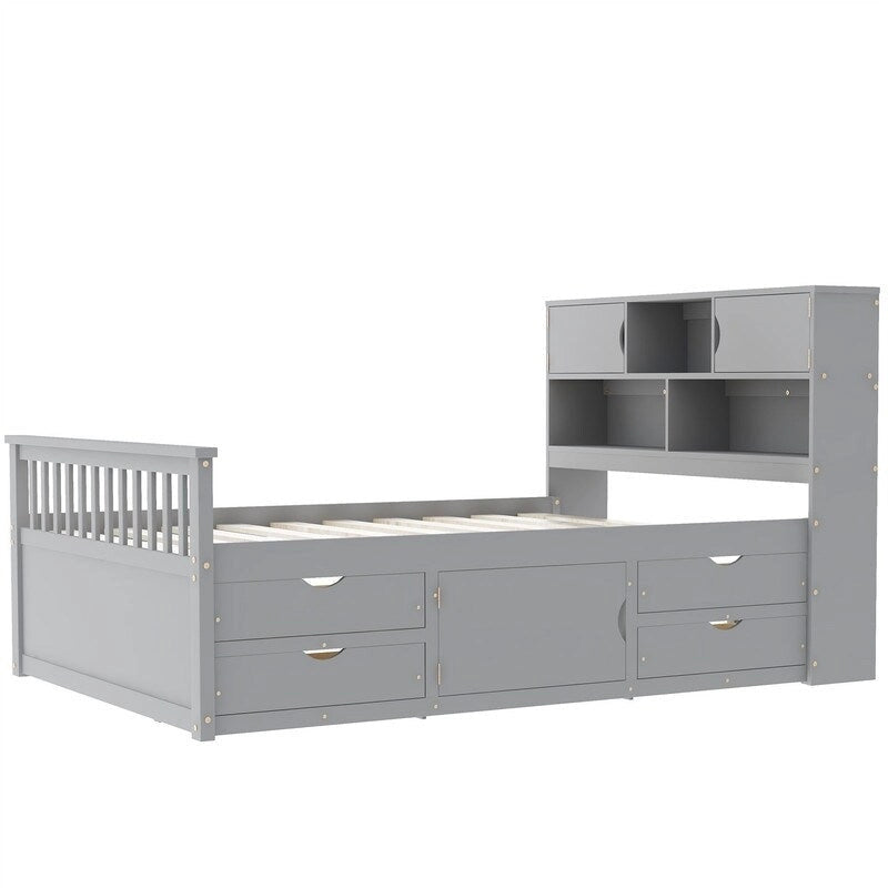 Twin/Full Size Captain Platform Bed with 4 Drawers and Storage Shelves, Solid Wood Bed Frame with Storage Bookcase Headboard