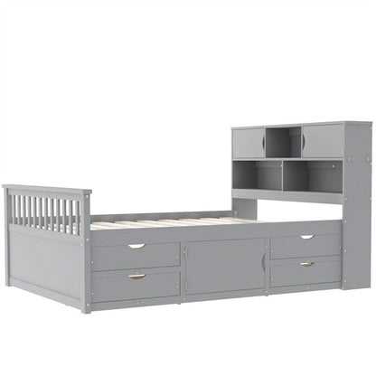Twin/Full Size Captain Platform Bed with 4 Drawers and Storage Shelves, Solid Wood Bed Frame with Storage Bookcase Headboard