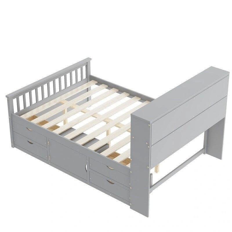 Twin/Full Size Captain Platform Bed with 4 Drawers and Storage Shelves, Solid Wood Bed Frame with Storage Bookcase Headboard
